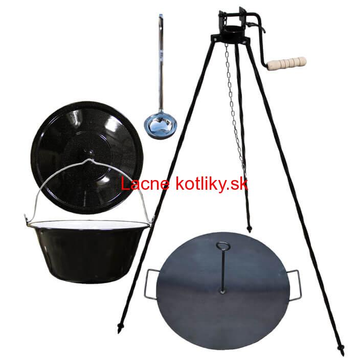 Smaltovaný kotlík 16 L (1,2 mm) + panvica na grilovanie a stojan s kladkou VAR