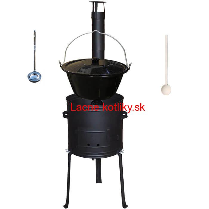Smaltovaný kotlík 30 L + kovová kotlina s vysokými nožičkami 42 cm + vareška a naberačka