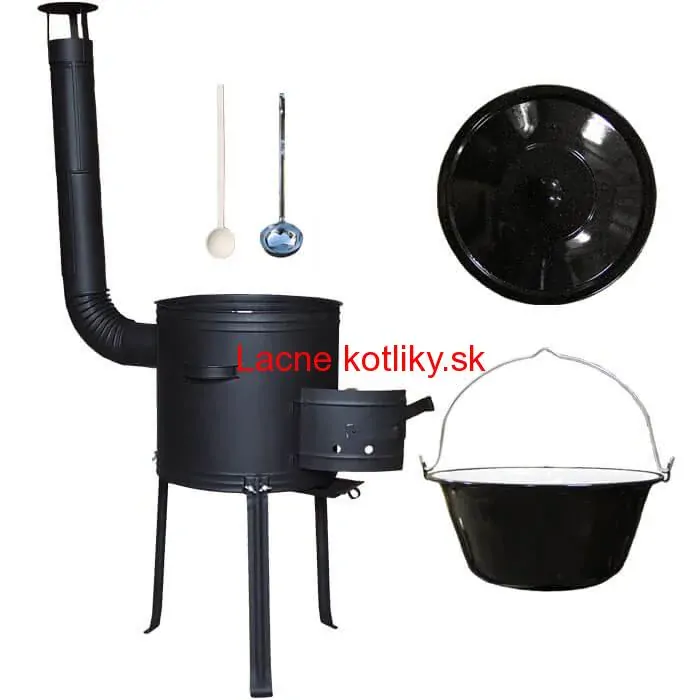 Smaltovaný kotlík 20 L + kovová kotlina s vysokými nožičkami 42 cm, žiaruvzdorná farba Plus 700 + vareška a naberačka