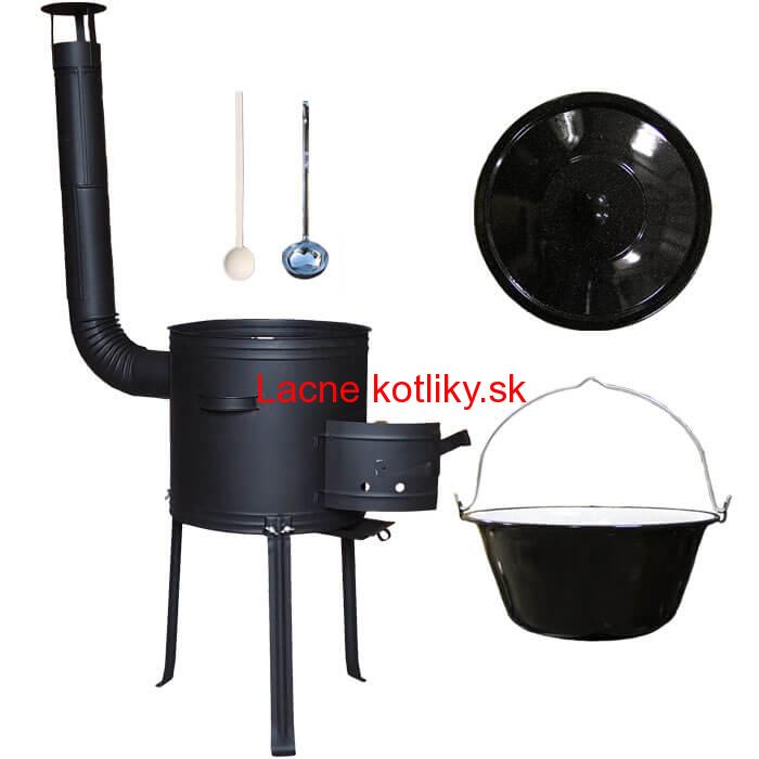 Smaltovaný kotlík 25 L + kovová kotlina s vysokými nožičkami 42 cm, žiaruvzdorná farba Plus 700 + vareška a naberačka