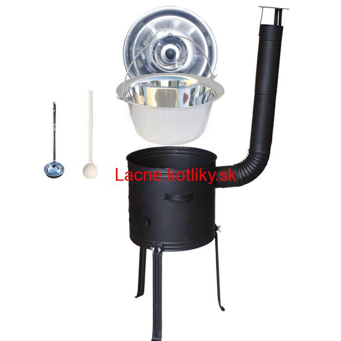 Antikorový kotlík 22 L (0,8 mm) + kovová kotlina s vysokými nožičkami 42 cm, žiaruvzdorná farba Plus 700 + vareška a naberačka