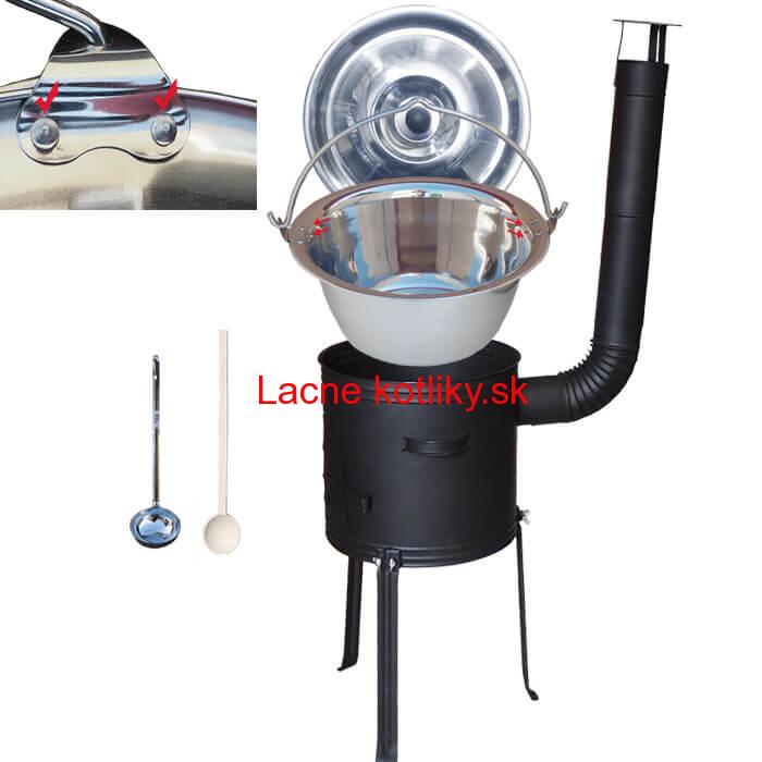 Antikorový kotlík 20 L (0,8 mm) zosilnený s nitmi + kovová kotlina s vysokými nožičkami 42, žiaruvzdorná farba Plus 700 + vareška a naberačka