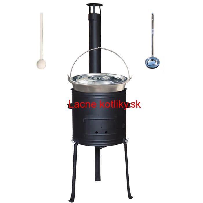 Nerezový kotlík 20 L (1,5 mm) + kovová kotlina s vysokými nožičkami 42 cm, žiaruvzdorná farba Plus 700 + vareška a naberačka