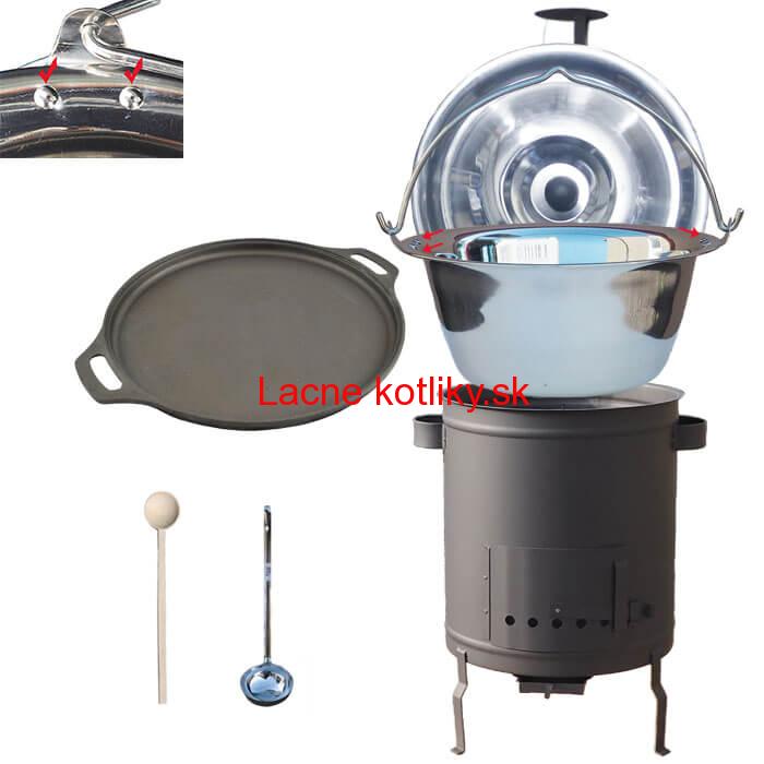 Nerezový kotlík 20 L (0,8 mm) zosilnený s nitmi + Liatinová panvica 43 cm + hrubostenná (1,5 mm) a žiaruvzdorná kotlina 42 PLUS 600