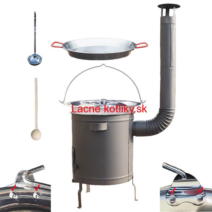 Nerezový kotlík 15 L (0,8 mm) zosilnený s nitmi + Paella panvica 38 cm + hrubostenná (1,5 mm) žiaruvzdorná kotlina 36 PLUS 600