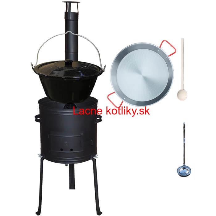 Smaltovaný kotlík 20 L + Paella panvica 46 cm + kovová kotlina s vysokými nožičkami 42 cm, žiaruvzdorná farba Plus 700