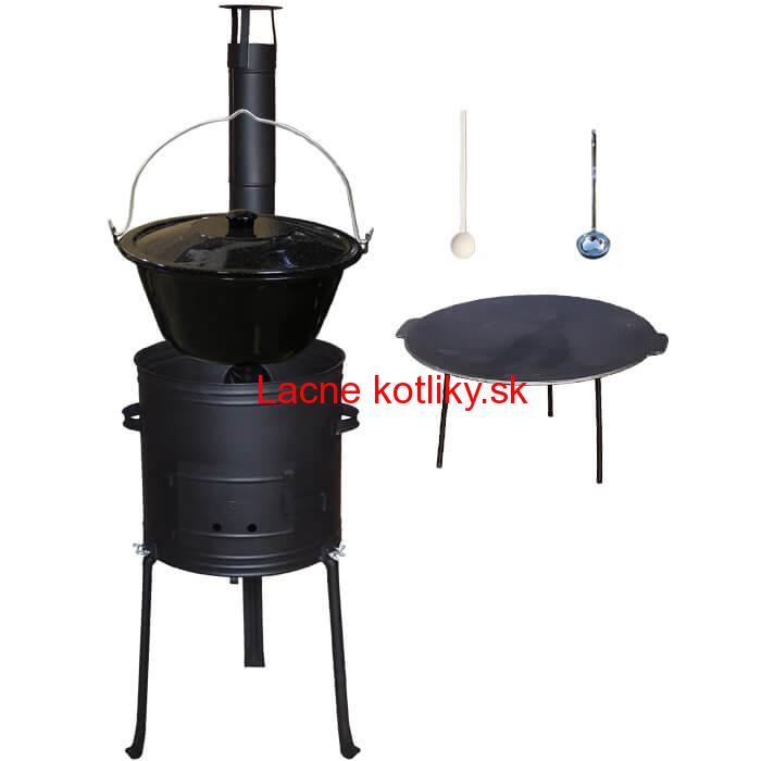 Smaltovaný kotlík 25 L + Liatinová panvica 45 cm + kovová kotlina s vysokými nožičkami 42 cm, žiaruvzdorná farba Plus 700