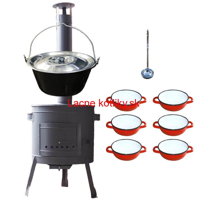 Smaltovaný kotlík 20 L + selské misky 6 ks + nízka žiaruvzdorná kotlina 42 cm PLUS 600