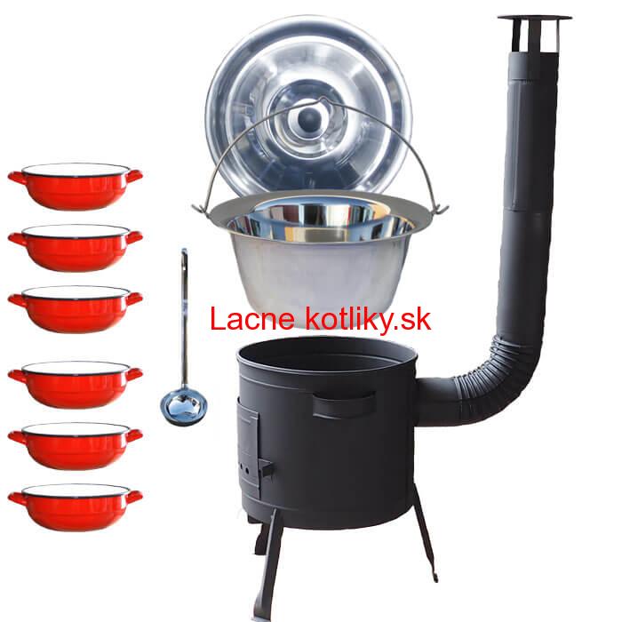 Nerezový kotlík 20 L (1,2 mm) INOX + selské misky 6 ks + nízka žiaruvzdorná kotlina 42 cm PLUS 600