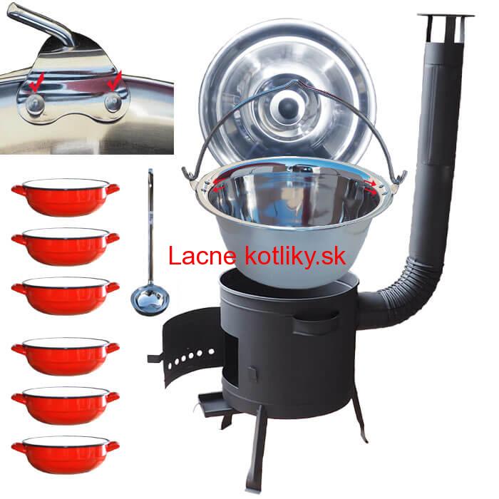 Nerezový kotlík 15 L (0,8 mm) s nitmi INOX + selské misky 6 ks + nízka žiaruvzdorná kotlina 36 cm PLUS 600