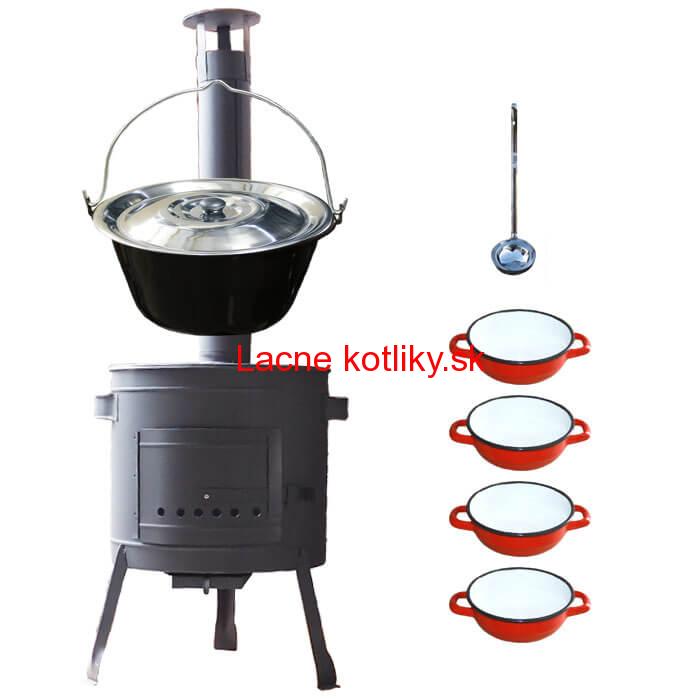 Smaltovaný kotlík 20 L + selské misky 4 ks + nízka žiaruvzdorná kotlina 42 cm PLUS 600