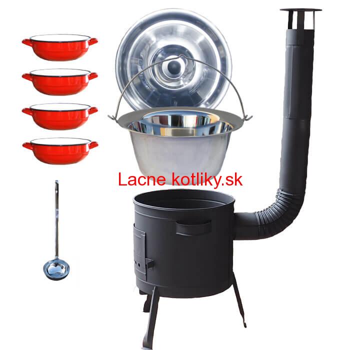 Nerezový kotlík 22 L (0,8 mm) INOX + selské misky 4 ks + nízka žiaruvzdorná kotlina 42 cm PLUS 600