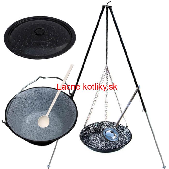 Smaltovaný kotlík 30 L + panvica na grilovanie + teleskopická trojnožka