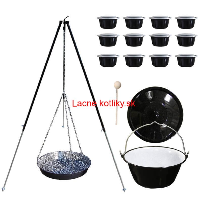 Smaltovaný kotlík 30 L + panvica na grilovanie + teleskopická trojnožka + misky 12 ks