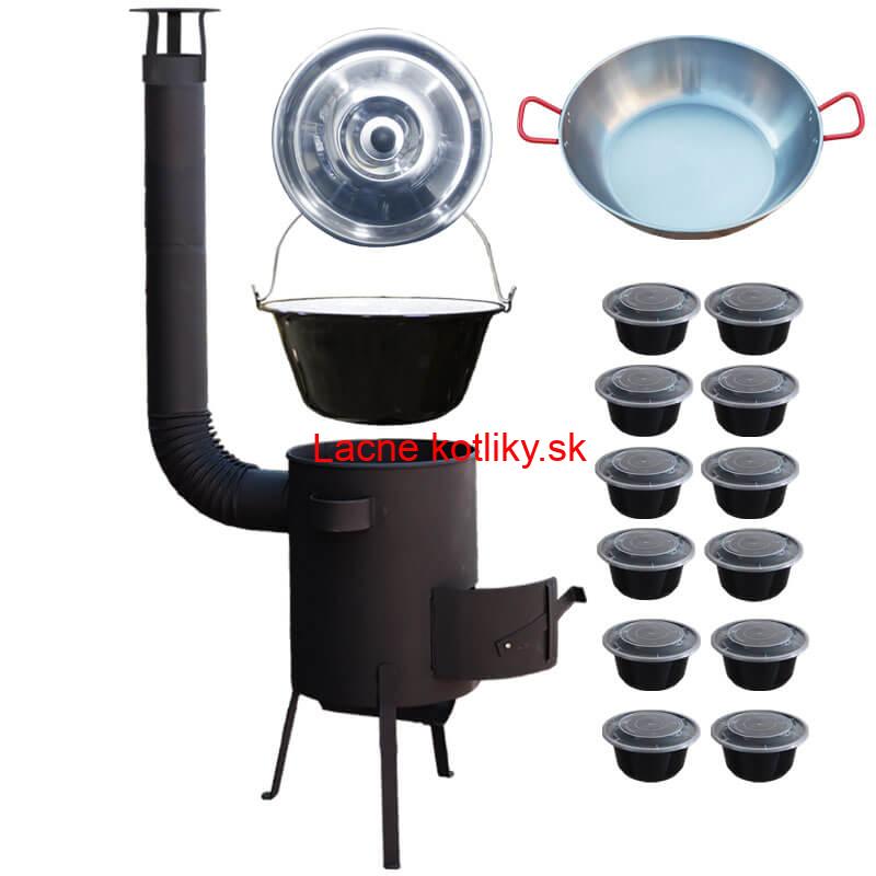 Smaltovaný kotlík 22 L + Panvica PAELLA (WOK) 45 cm + misky 12 ks + žiaruvzdorná kotlina 42 PLUS 600 s roštom na popol 4 mm