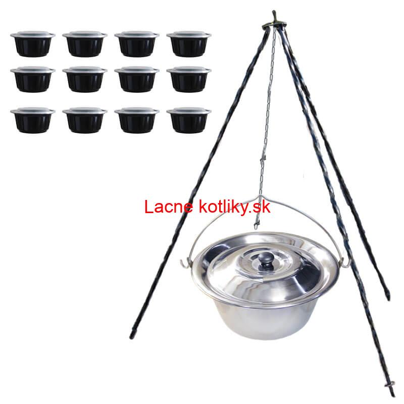 Nerezový kotlík 14 L (0,8 mm) + antikorová pokrievka + stojan + misky 12 ks