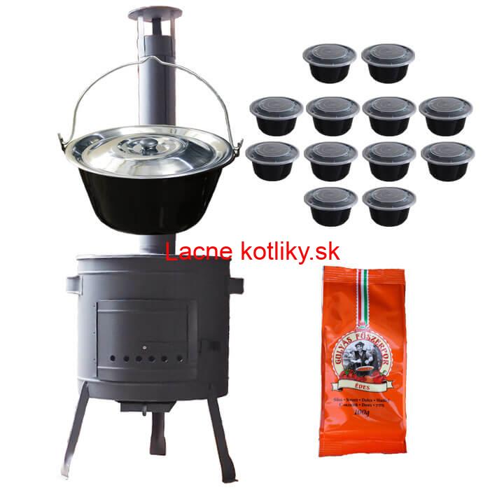 Smaltovaný kotlík 20 L (1,2 mm) + pokrievka + misky 12 ks + nízka žiaruvzdorná kotlina (0,8 mm) 42 PLUS 600