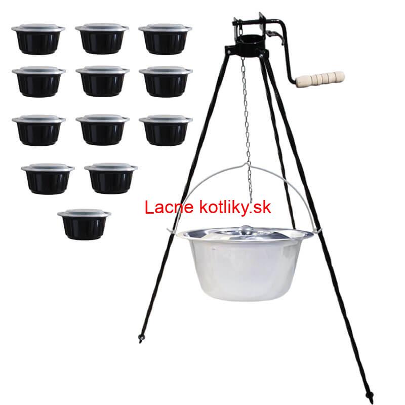 Antikorový kotlík 22 L + stojan s kladkou VAR + misky 12 ks