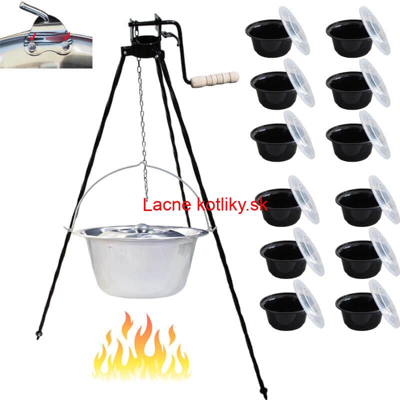 Antikorový kotlík 15 L (0,8 mm) s nitmi + stojan s kladkou VAR + misky 12 ks