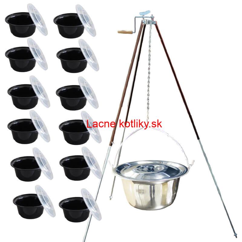 Antikorový kotlík 20 L (1,2 mm) + teleskopická trojnožka s poistnou kladkou + misky 12 ks