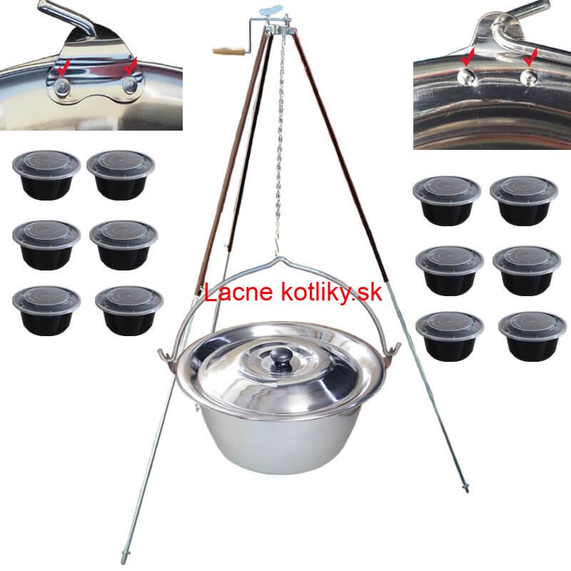 Antikorový kotlík 30 L (0,8 mm) s nitmi + teleskopická trojnožka s poistnou kladkou + misky 12 ks