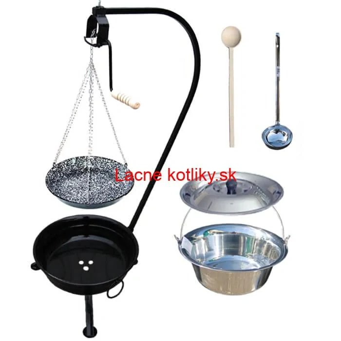 Nerezový kotlík 10 L (1,2 mm) INOX + smaltovaná panvica + ohnisko so stojanom a s poistnou kladkou VAR