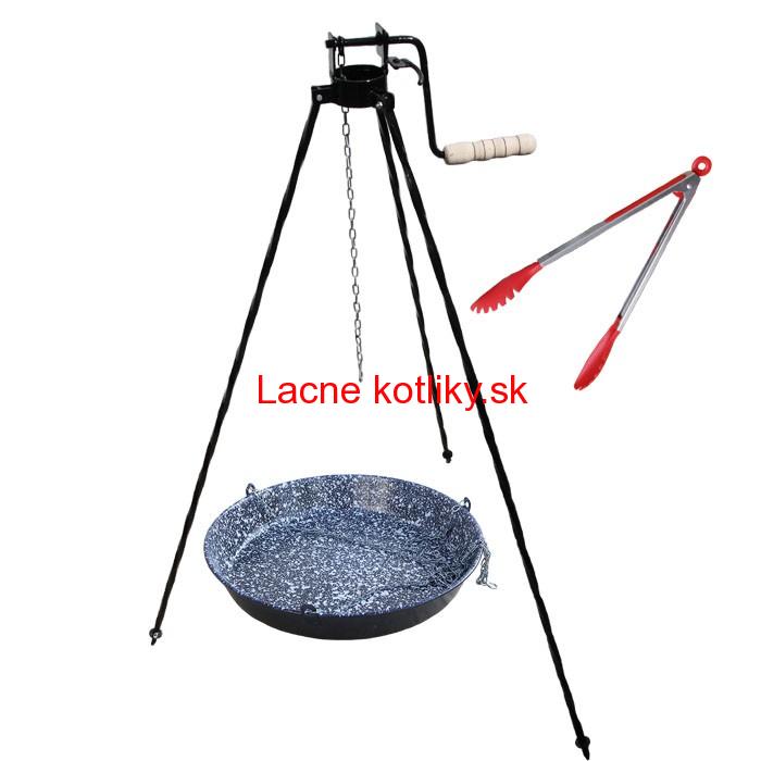 Smaltovaná panvica s retiazkou 42 cm + trojnožka s poistnou kladkou a obracačka na mäso GRILL PARTY 1