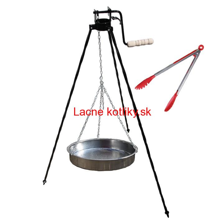 Nerezová panvica s retiazkou 42 cm + trojnožka s poistnou kladkou a obracačka na mäso GRILL PARTY 2
