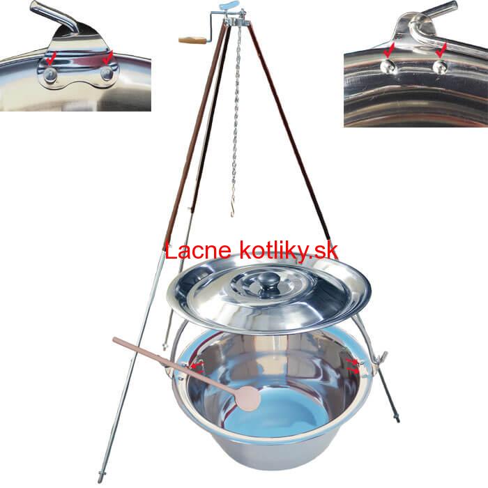 Antikorový kotlík 30 L (0,8 mm) s nitmi + teleskopická trojnožka s poistnou kladkou + pokrievka