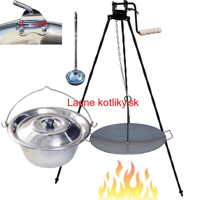 Antikorový kotlík 15 L (0,8 mm) s nitmi + panvica na grilovanie a stojan s kladkou VAR