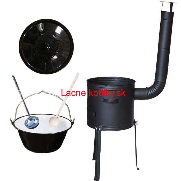 Smaltovaný kotlík 30 L + kovová kotlina s vysokými nožičkami 42 cm + vareška a naberačka