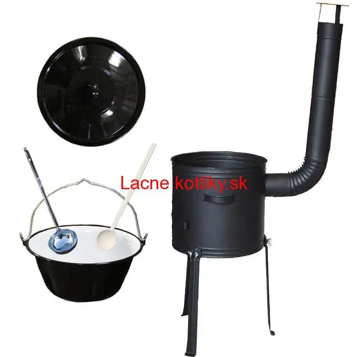 Smaltovaný kotlík 20 L + kovová kotlina s vysokými nožičkami 42 cm, žiaruvzdorná farba Plus 700 + vareška a naberačka