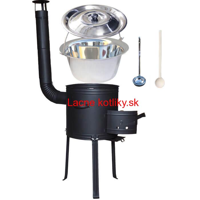 Antikorový kotlík 20 L (1,2 mm) + kovová kotlina s vysokými nožičkami 42 cm, žiaruvzdorná farba Plus 700 + vareška a naberačka