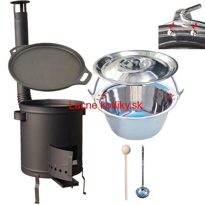 Nerezový kotlík 20 L (0,8 mm) zosilnený s nitmi + Liatinová panvica 43 cm + hrubostenná (1,5 mm) a žiaruvzdorná kotlina 42 PLUS 600