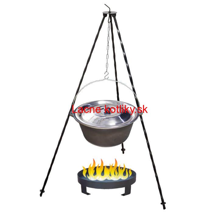 Liatinový kotlík 10,8 L + nerezová pokrievka + trojnožka 1,2 m + ohnisko 36 cm