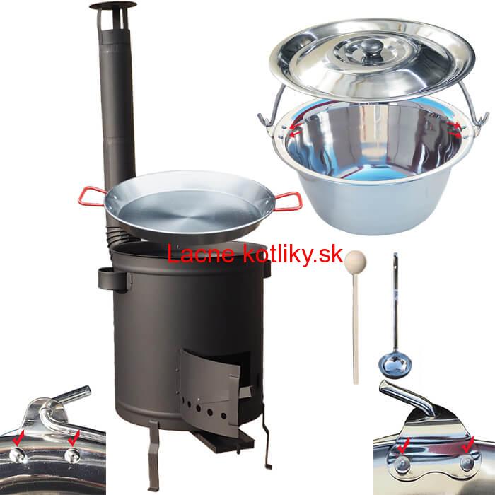 Nerezový kotlík 15 L (0,8 mm) zosilnený s nitmi + Paella panvica 38 cm + hrubostenná (1,5 mm) žiaruvzdorná kotlina 36 PLUS 600