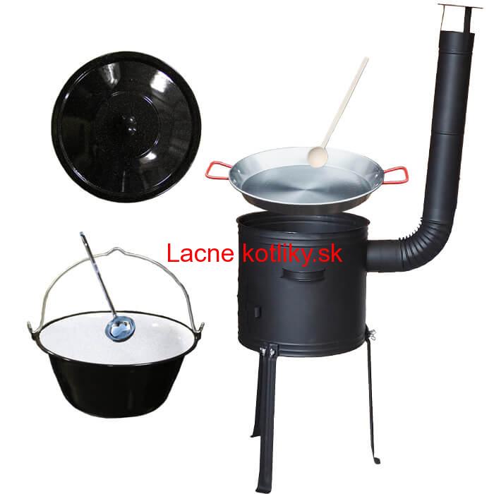 Smaltovaný kotlík 20 L + Paella panvica 46 cm + kovová kotlina s vysokými nožičkami 42 cm, žiaruvzdorná farba Plus 700