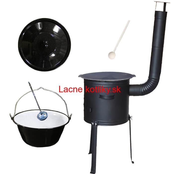 Smaltovaný kotlík 25 L + Liatinová panvica 45 cm + kovová kotlina s vysokými nožičkami 42 cm, žiaruvzdorná farba Plus 700