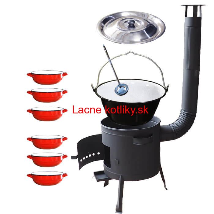 Smaltovaný kotlík 20 L + selské misky 6 ks + nízka žiaruvzdorná kotlina 42 cm PLUS 600