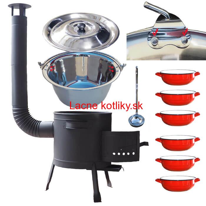 Nerezový kotlík 15 L (0,8 mm) s nitmi INOX + selské misky 6 ks + nízka žiaruvzdorná kotlina 36 cm PLUS 600