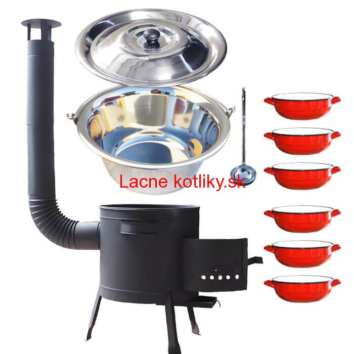 Nerezový kotlík 22 L (0,8 mm) INOX + selské misky 6 ks + nízka žiaruvzdorná kotlina 42 cm PLUS 600