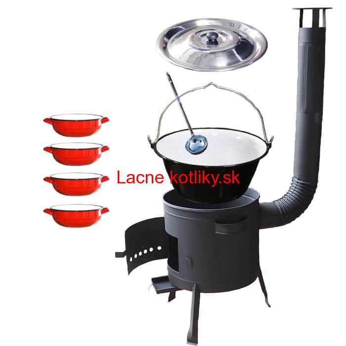 Smaltovaný kotlík 20 L + selské misky 4 ks + nízka žiaruvzdorná kotlina 42 cm PLUS 600