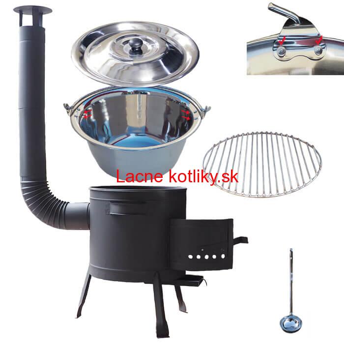 Nerezový kotlík 20 L (0,8 mm) s nitmi INOX + Nerezový rošt 45 cm + nízka žiaruvzdorná kotlina 42 cm PLUS 600
