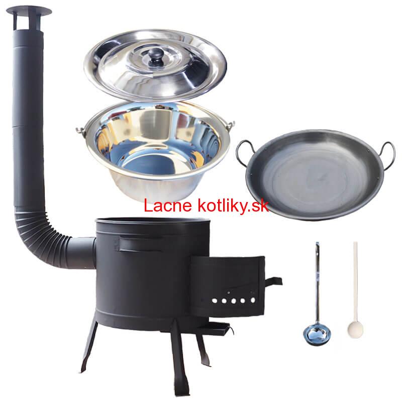 Nerezový kotlík 20 L (1,2 mm) INOX + železná panvica 46 cm WOK + nízka žiaruvzdorná kotlina 42 cm PLUS 600
