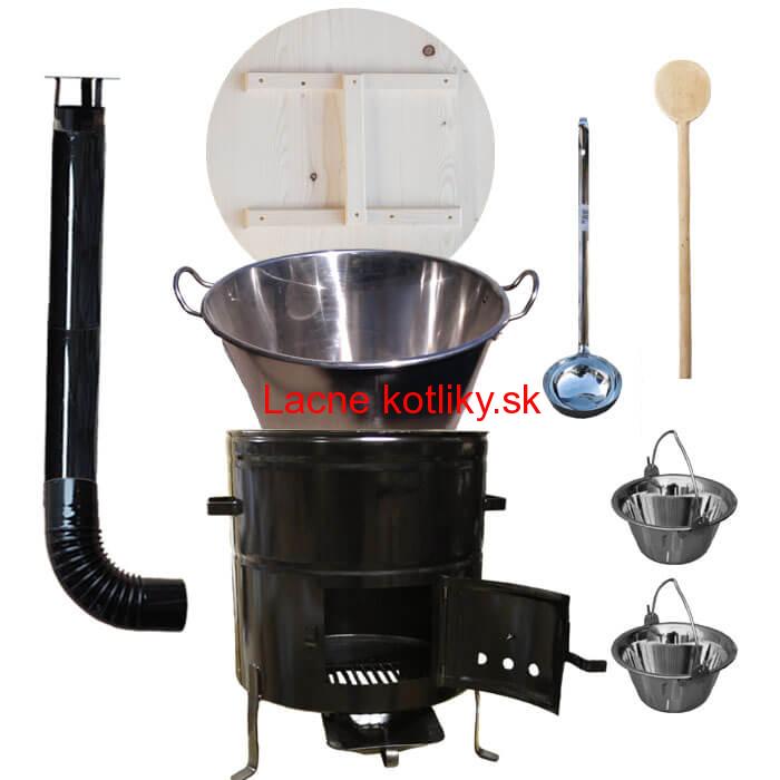 Zabíjačkový nerezový kotol 100 L, kovová kotlina 60 cm, smaltovaná pokrievka + 2 servírovacie antikorové kotlíky