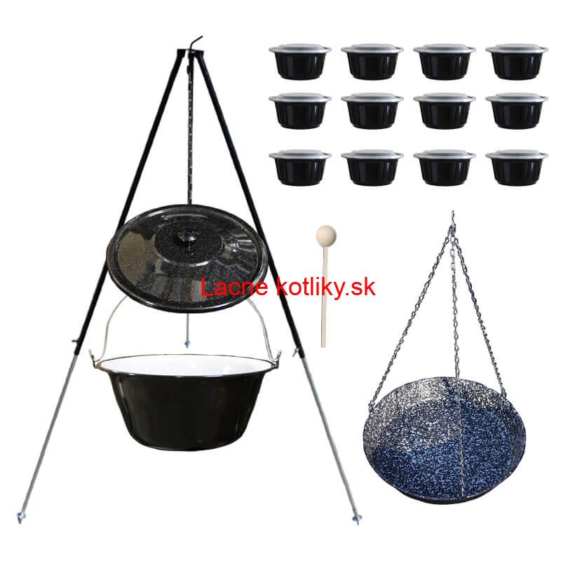Smaltovaný kotlík 30 L + panvica na grilovanie + teleskopická trojnožka + misky 12 ks