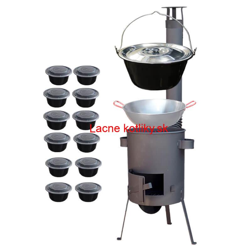 Smaltovaný kotlík 22 L + Panvica PAELLA (WOK) 45 cm + misky 12 ks + žiaruvzdorná kotlina 42 PLUS 600 s roštom na popol 4 mm