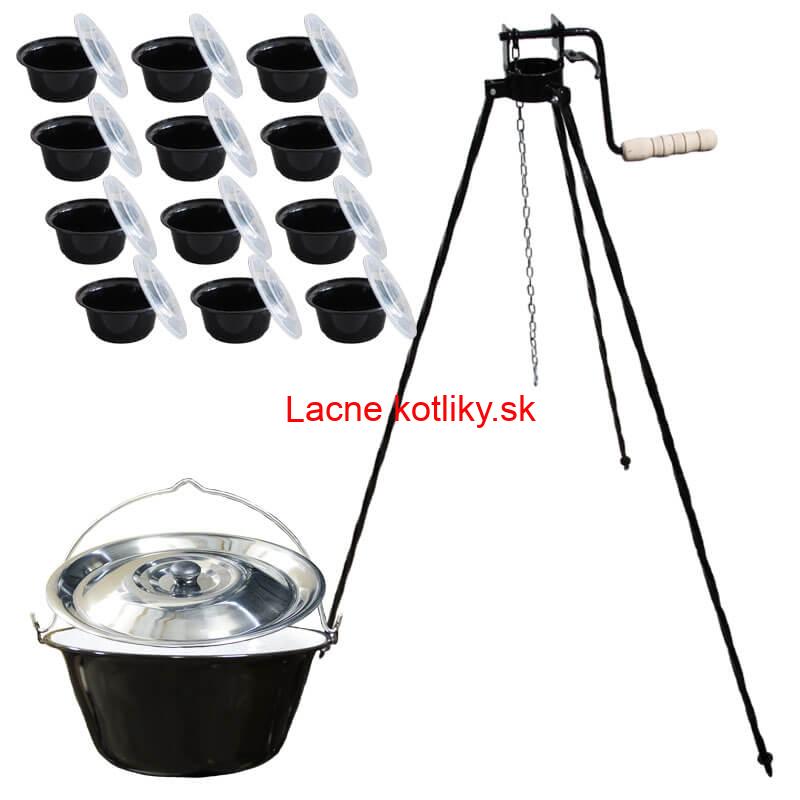 Smaltovaný kotlík 13 L + stojan s kladkou VAR + misky 12 ks