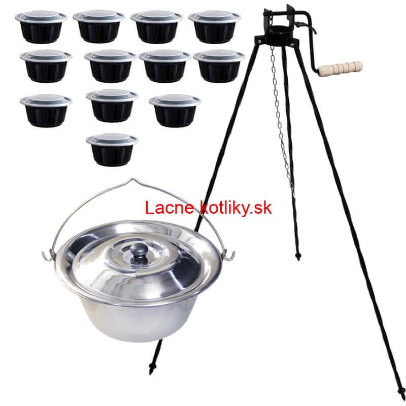 Nerezový kotlík 14 L (0,8 mm) INOX+ stojan s kladkou VAR + misky 12 ks