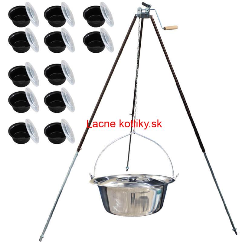 Antikorový kotlík 20 L (1,2 mm) + teleskopická trojnožka s poistnou kladkou + misky 12 ks